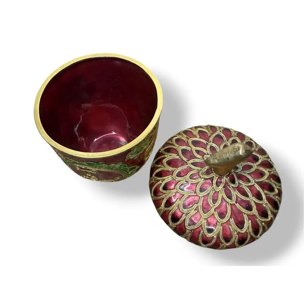 Vintage Cloisonné Enamel Acorn Trinket Box Decorated Jar Burgundy & Gold‎